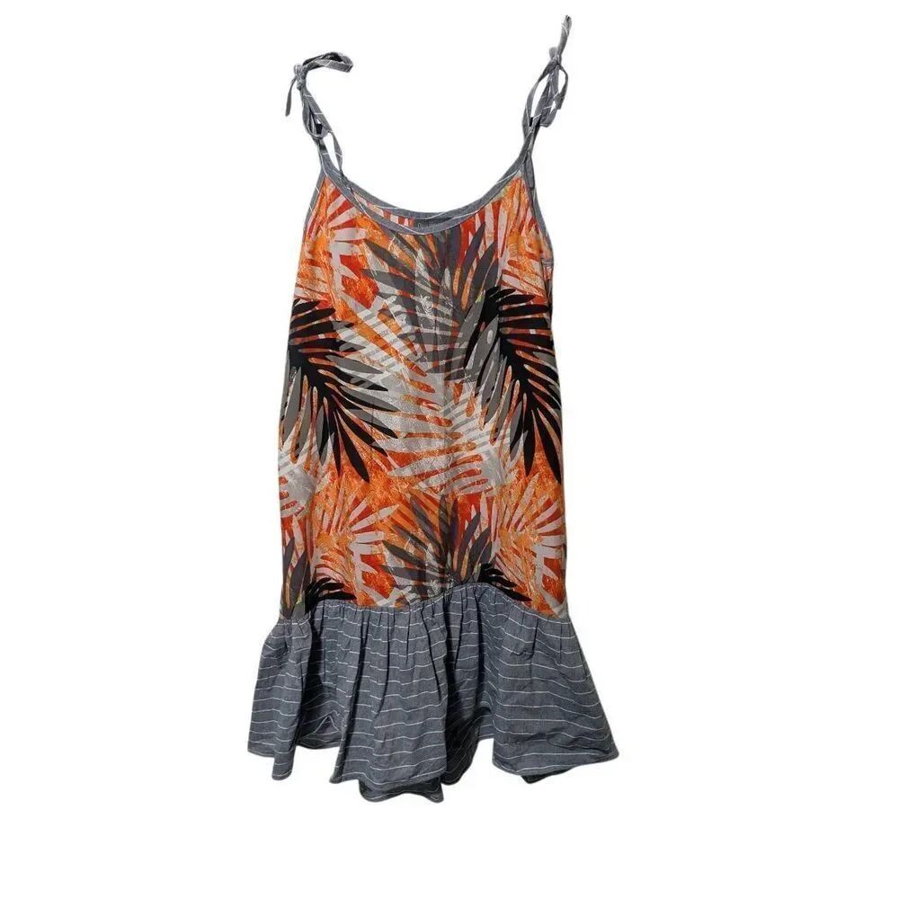 Olga Vasquez Mini Reesort Dress with Orange Gray Palm Print Adjustable Spaghetti